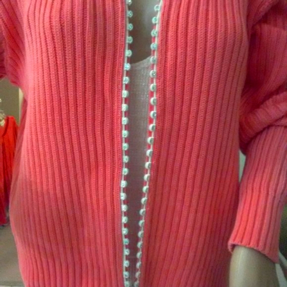 VINTAGE BEAUTIFUL PEACHY VON SAKEN LG ZIP UP SWEATER 100% COTTON RHINESTONES - Picture 2 of 7